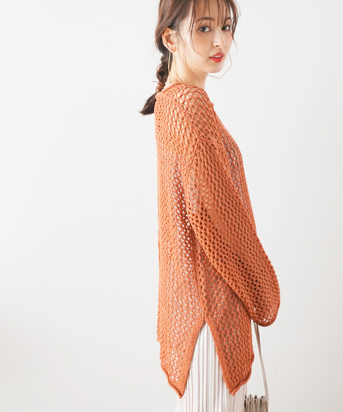 ニット チュニック 透かし編み トップス レイヤード/ メッシュ