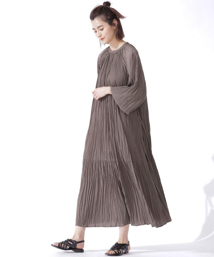 セール 50%OFF】ワッシャープリーツサテンワンピース 長袖