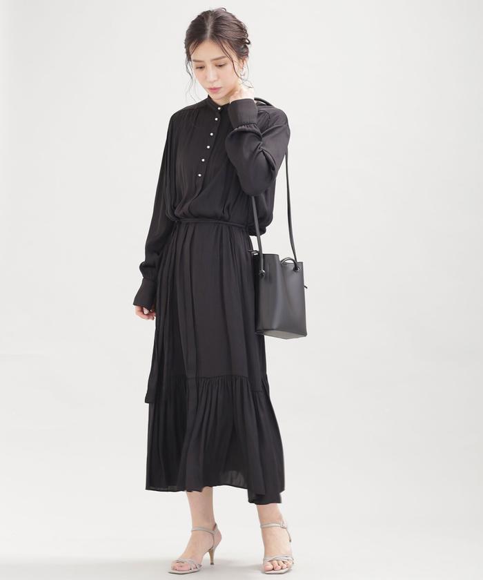 セール 40%OFF】WEB限定/パールボタンサテンワンピース 長袖 セール 40%OFF】WEB限定/パールボタンサテンワンピース 長袖