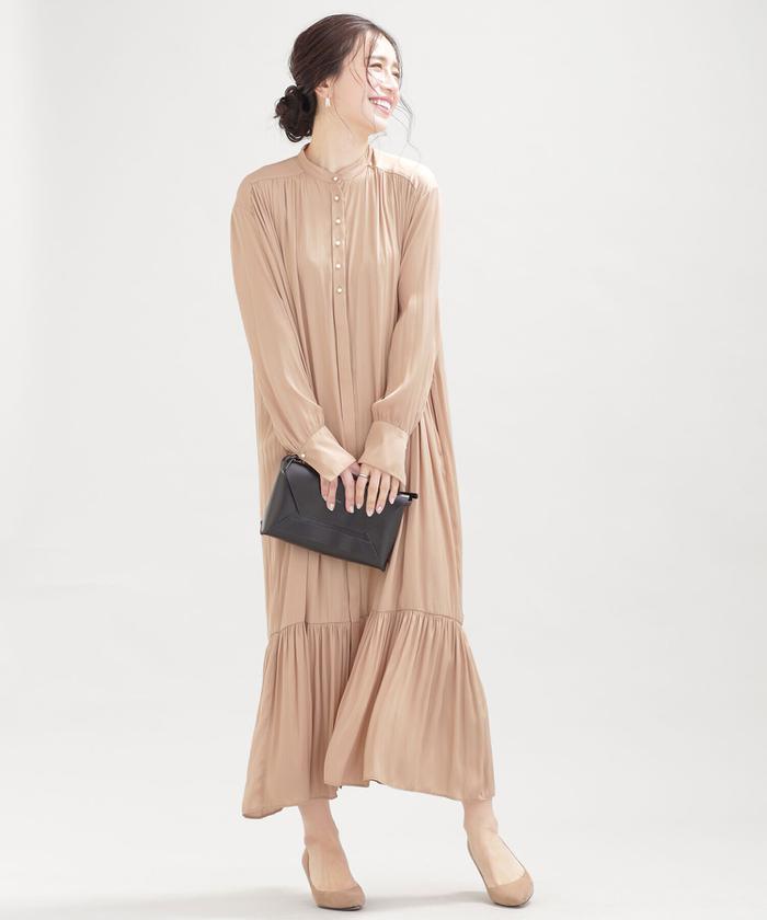 セール 40%OFF】WEB限定/パールボタンサテンワンピース 長袖 セール 40%OFF】WEB限定/パールボタンサテンワンピース 長袖
