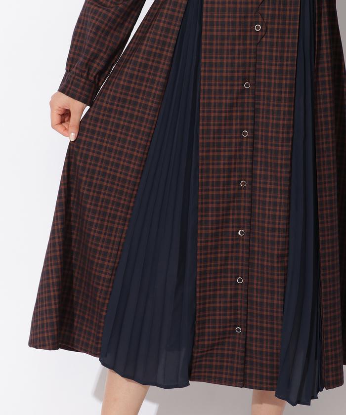 チェック配色ダブルバックル スカラ シャツ ワンピース REDYAZEL セール 50%OFF】チェック配色ダブルバックルスカラシャツ