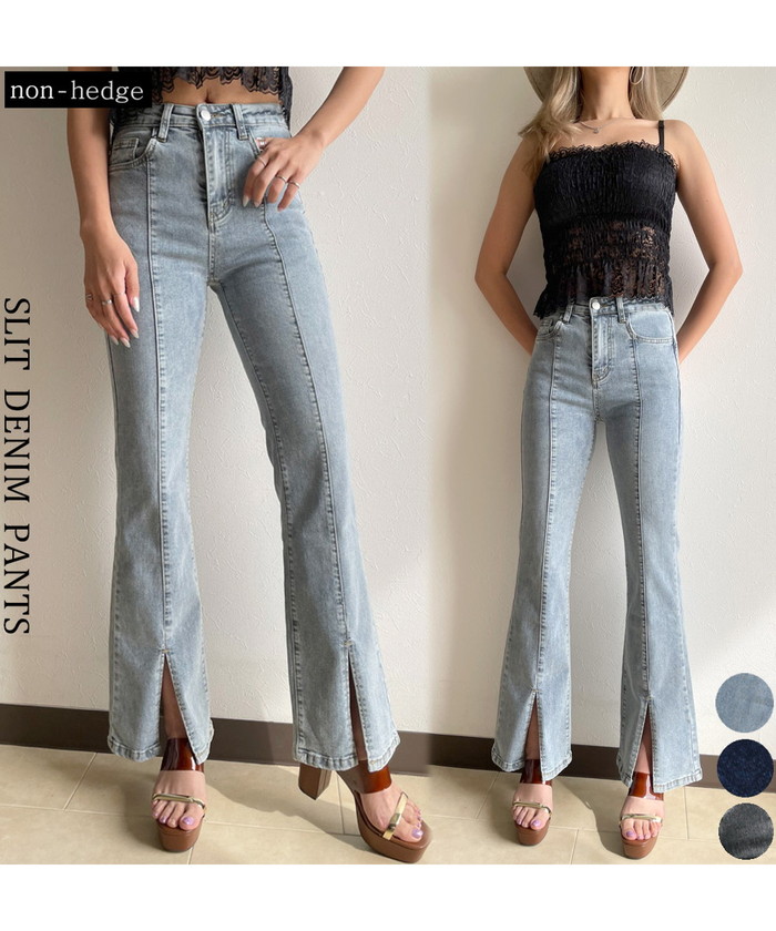 裾スリットデニムフレアパンツ(503925138) | ノンヘッジ(non 裾スリットデニムフレアパンツ(503925138) | ノンヘッジ(non
