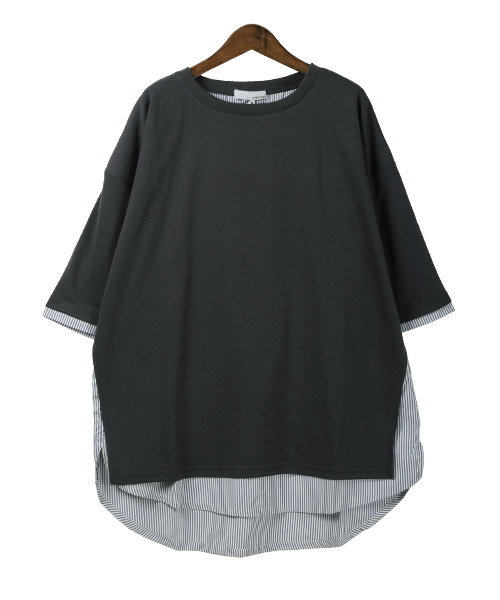 ラグスタイル LUXSTYLE T/R天竺ストライプ柄フェイクレイヤードT
