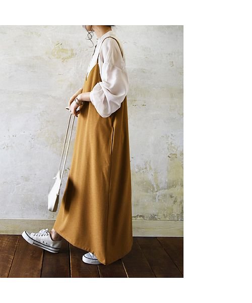 リネンライクキャミワンピース M L レディース 春夏秋冬 キャミワンピ スモーキーグリーン キャメル ブラック 重ね着 レイヤード 大人可愛い トレンド 流 アンドイット And It D Fashion