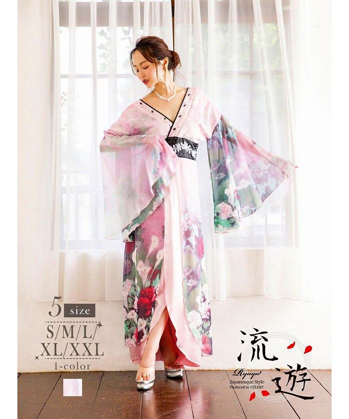 流遊　花魁ドレス　キャバ　スカート　花柄　総柄デザイン　ワインレッド 花魁 着物ドレス 花柄 和装 キャバドレス 流遊(M/L/XL)(レッド
