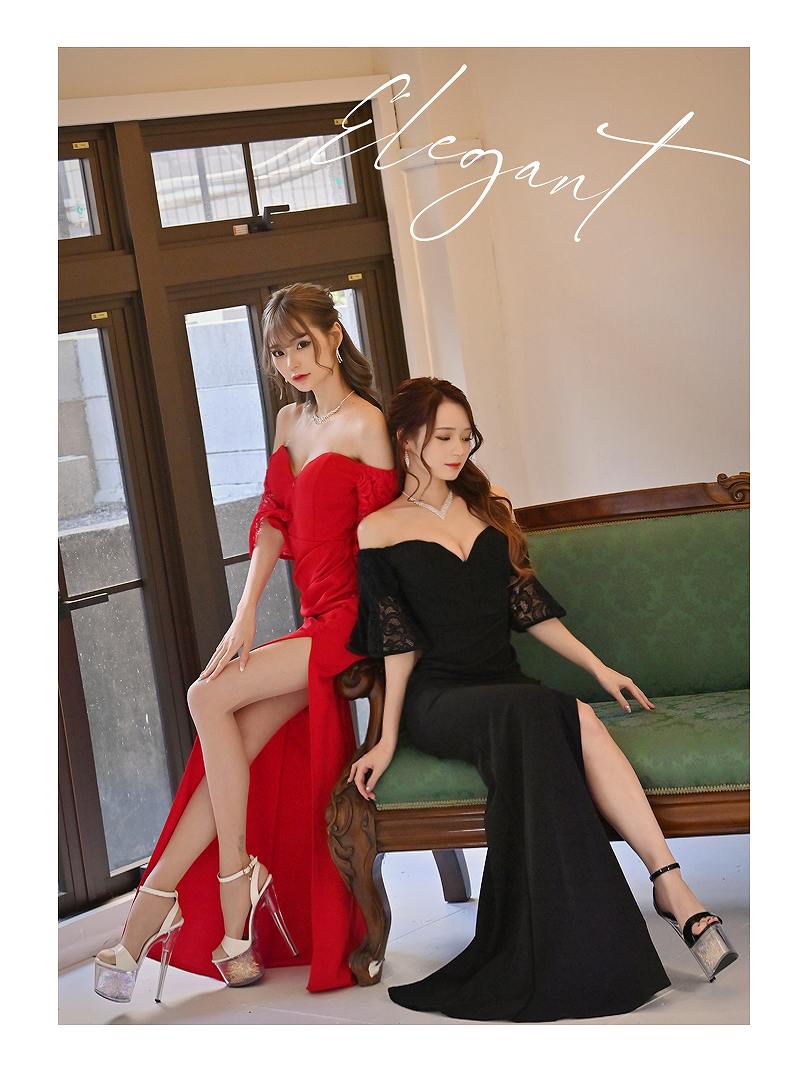 ドットチュール ボリュームロングドレス（F）オフショル風 デコルテ映え 総柄 SMLサイズ]ビジューVネックチュールオフショルスリットタイト