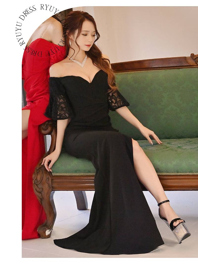 フリル付きブラックロングドレス Tika キャバ ドレス ロングドレス ロング ワンピース オフ