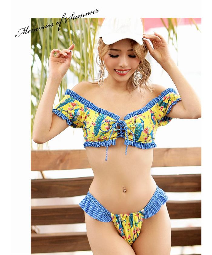 ☆人気☆【DOROSI BEACH】☆オフショルフリルビキ.ニ☆水着☆ セール】シフォンフリルオフショルビキニ・ペプラム風ショーツ