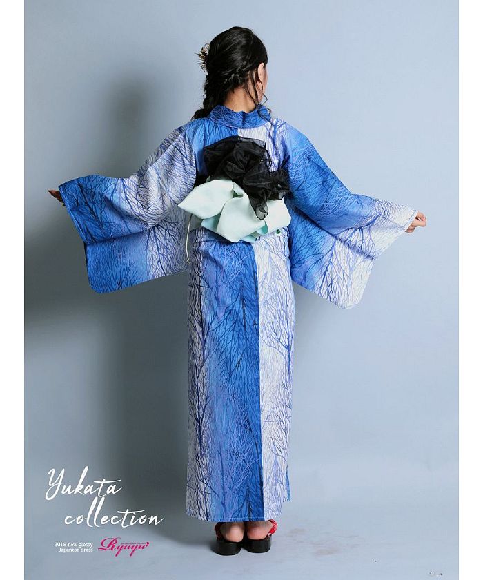 ②新品未使用・高級絵羽浴衣グラデーション浴衣 新品☆浴衣☆高級浴衣 2点セット☆半身柄 ストライプ×モダン花柄