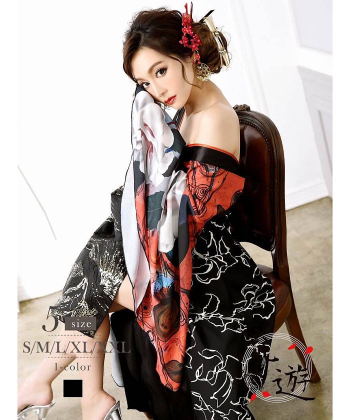 完売品！流遊 和風着物ドレス リューユ Rew－You 流遊 黒地 和風 キャバドレス 花魁 着物