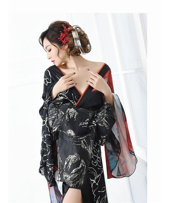 流遊 花魁 和柄 着物ロングドレス ブラック Ryuyu キャバドレス M 黒白 Ryuyu SALE 花魁 コスプレ 衣装 和柄ドレス コンパニオン 着物