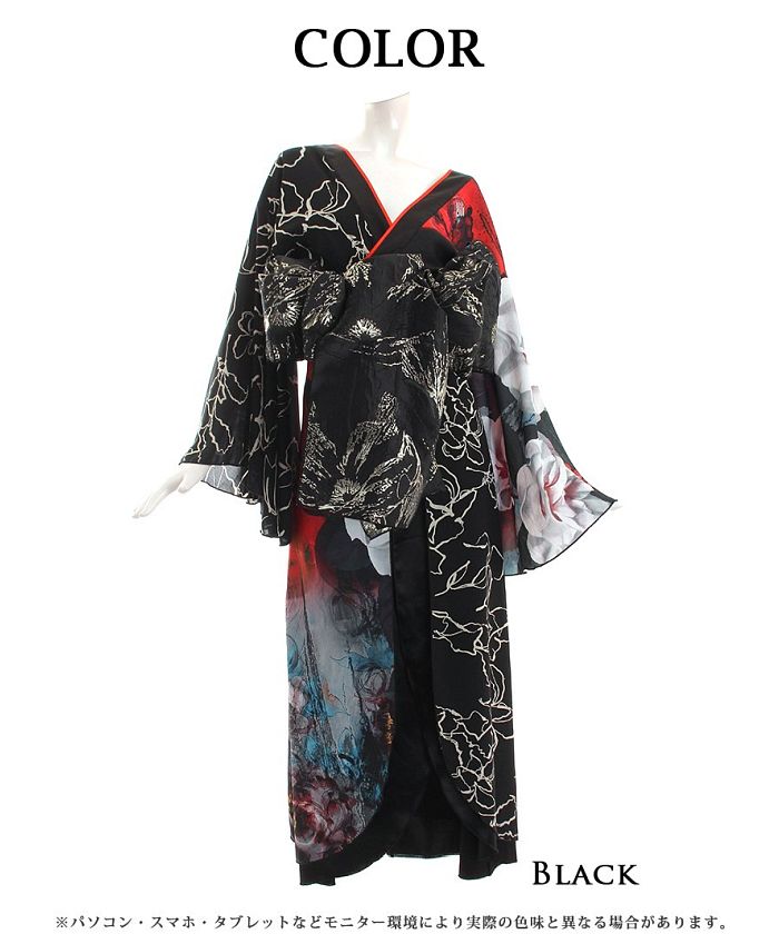 流遊 花魁 和柄 着物ロングドレス ブラック Ryuyu キャバドレス M 黒白 リューユ Rew－You 流遊 黒地 和風 キャバドレス 花魁 着物