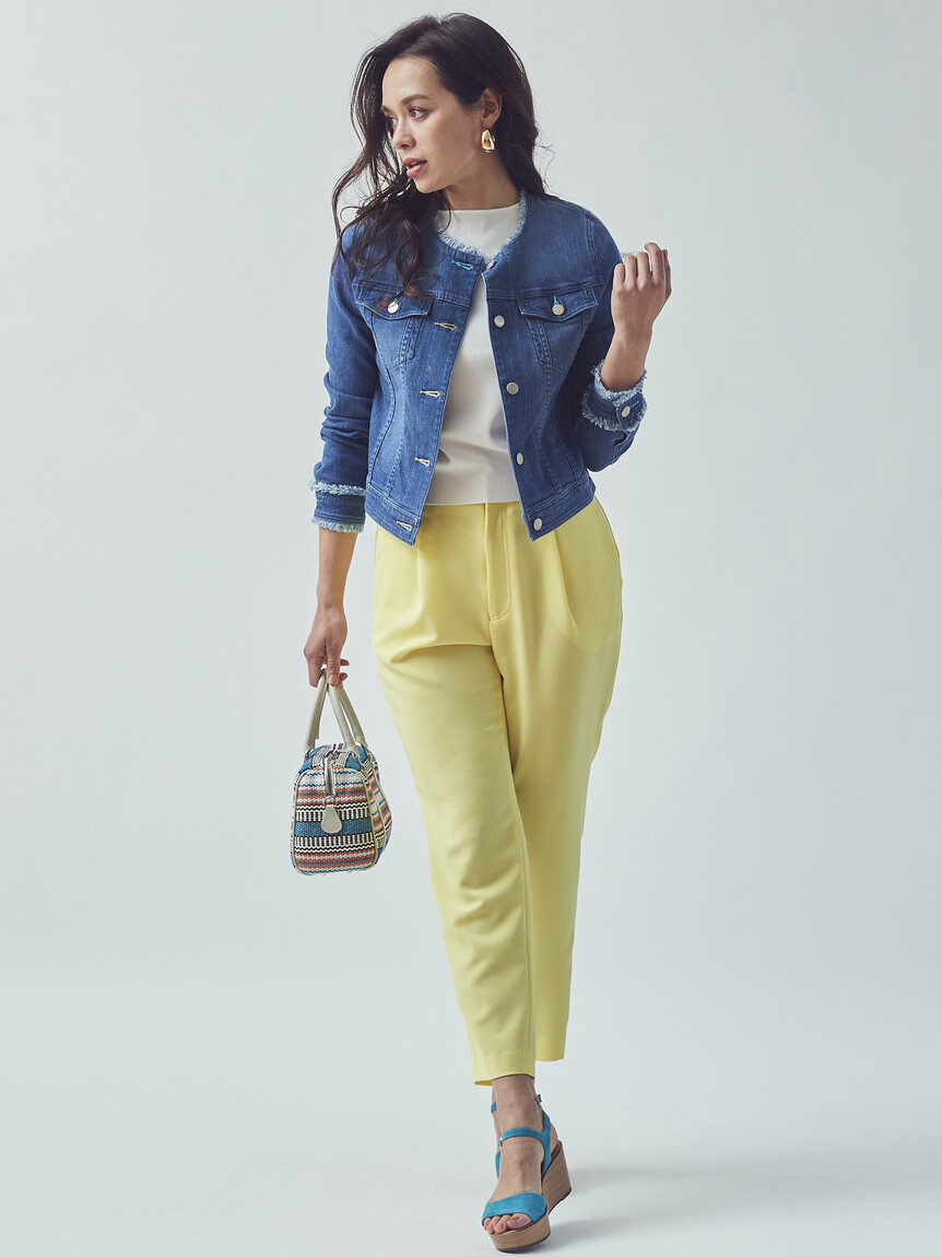 ビアッジョブルー　デニムノーカラーGジャン　ショート丈ジャケット セール 50%OFF】ビアッジョブルー Viaggio Blu ノーカラーデニム