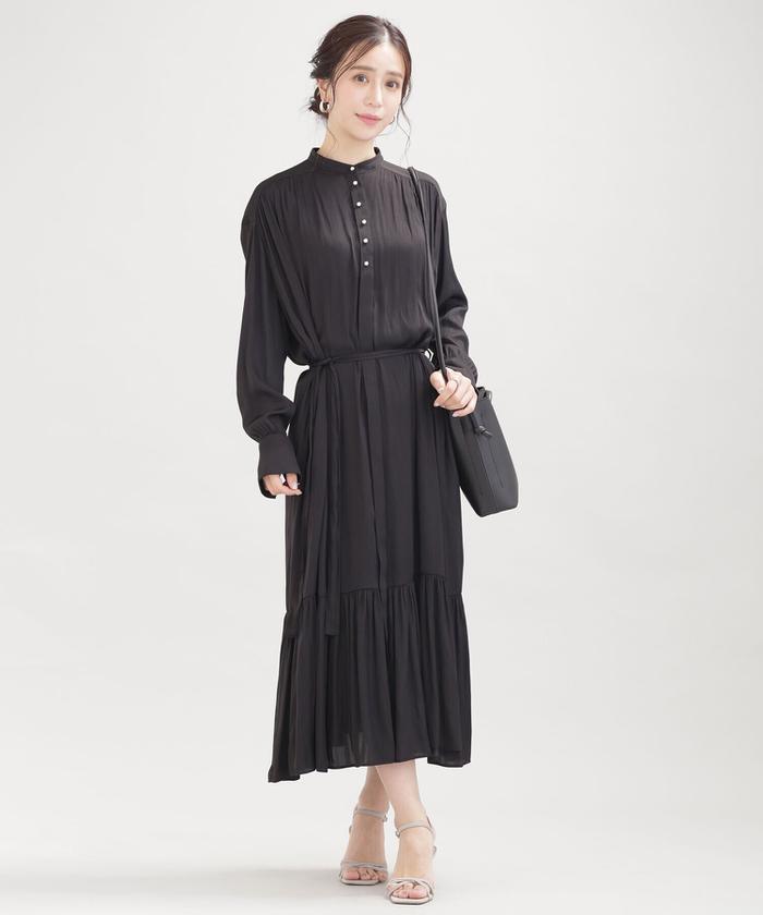 O743ナノユニバース長袖ロングシャツワンピースティアードピンク