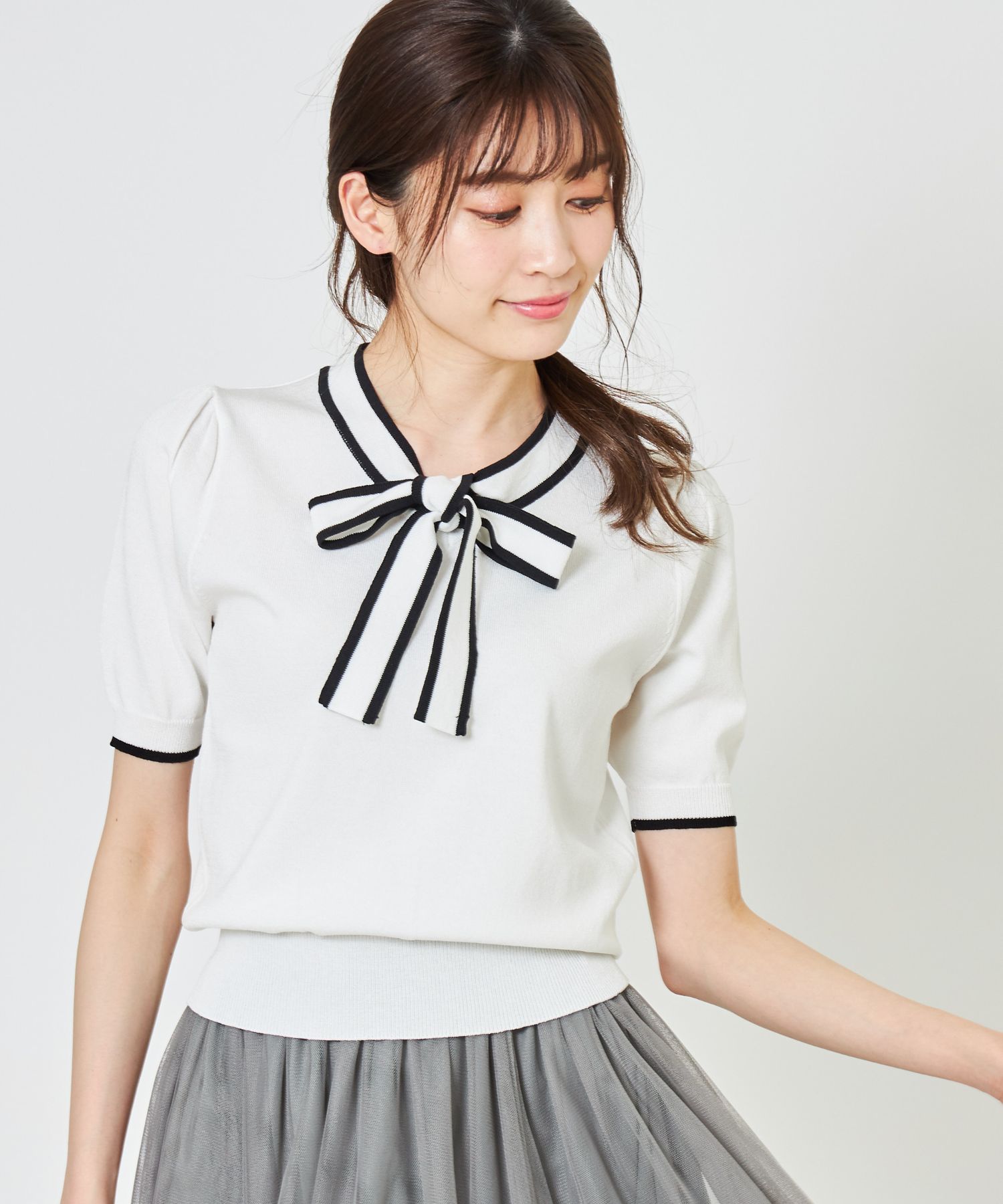 はな　パフスリーブ　ボウタイ　半袖　ニット　ブラック　バイカラー almam-726_00.jpg?basethum=225