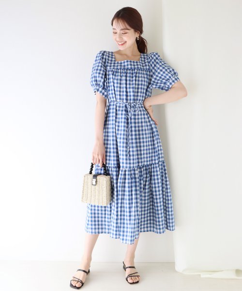 ギンガムチェックスクエアネックワンピース ブルーイースト Blueeast D Fashion ギンガムチェックスクエアネックワンピース ブルーイースト Blueeast D Fashion