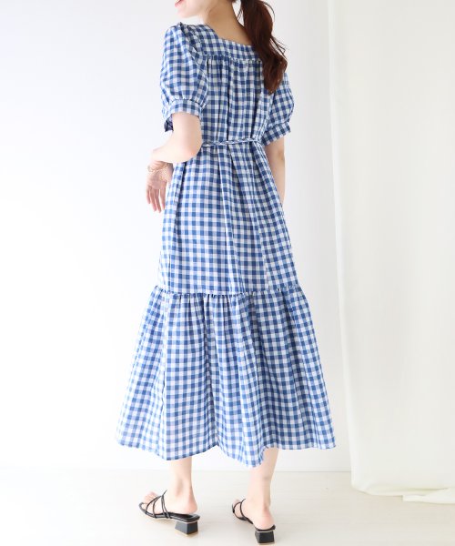 セール15 Off ギンガムチェックスクエアネックワンピース ブルーイースト Blueeast D Fashion