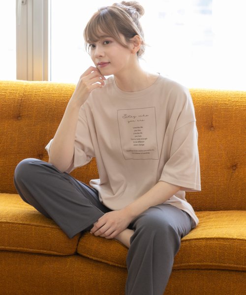 セール カリグラフィ ロゴ プリント Tシャツ リボン付き ワイドパンツ 2枚 セット ルームウエア 半袖 長ズボン 春 夏 アドティエ Ad Thie D Fashion