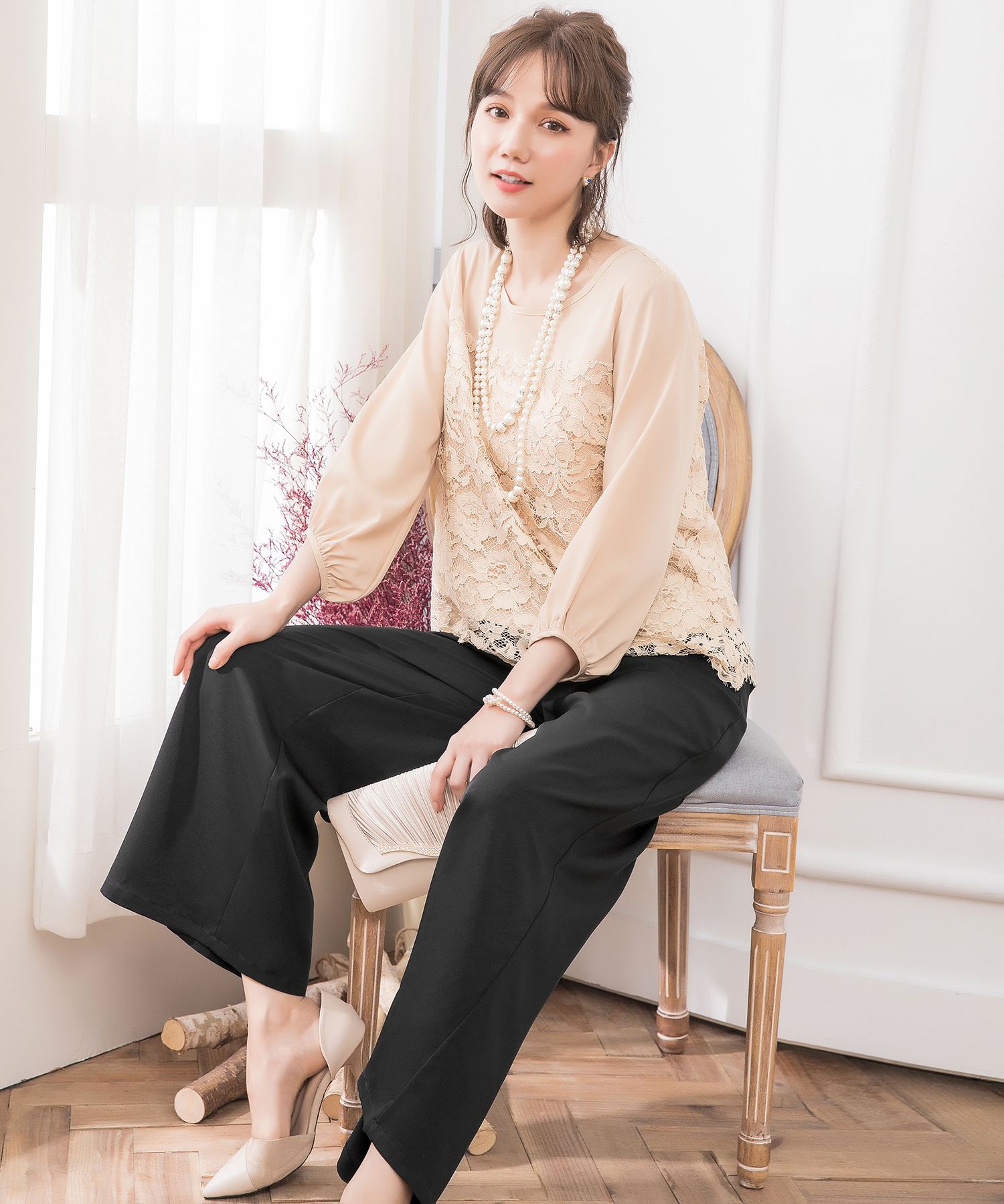 DRESS PLUS セットアップ パンツドレスドレス ブラック XL 結婚式・お呼ばれ対応パンツドレス】レース7分袖トップス