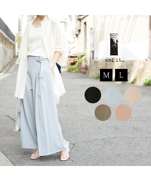 セール パンツ レディース ワイド カットジョーゼットサイドプリーツパンツ M L 春夏 ボトムス グレージュ シナモンピンク ブルー モカ カーキ ブラック プリ アンドイット And It D Fashion