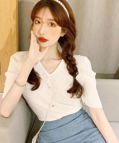 セール 襟付き Tシャツ 半袖トップス かわいい 5分袖 レース襟 カジュアル トレンドtシャツ 大きめ襟 夏服 Vネック セイヘイショップ Seiheishop D Fashion