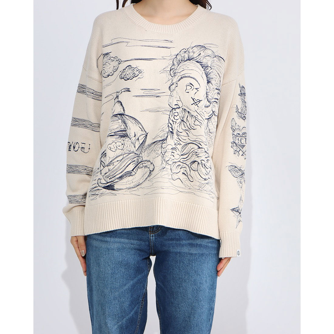 Desigual｜ボーダー切替 フラワープリントニット ホワイト