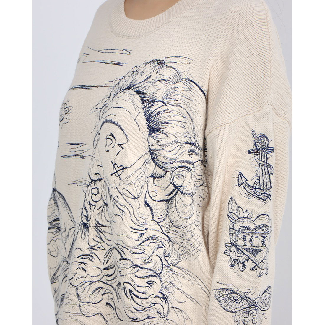 Desigual｜ボーダー切替 フラワープリントニット ホワイト