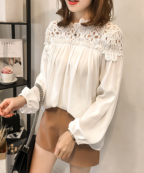 クーポン】【セール57%OFF】肩レーストップス ブラウス シンプル