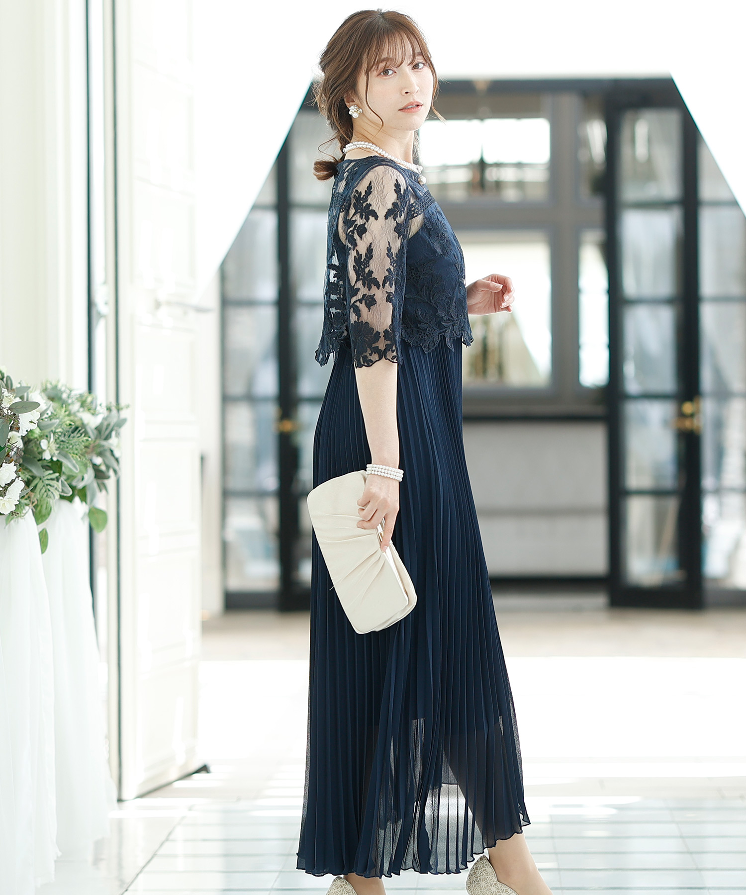 PourVous ロングドレス 黒 PourVous ドレス ロング＆七分袖フォーマルスカラップフィッシュ