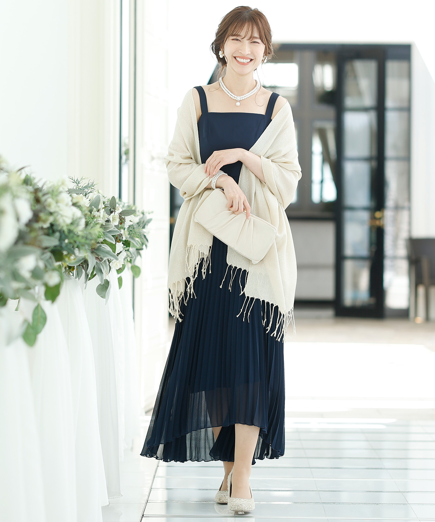 pourvous 結婚式ワンピースドレスプリーツスカートロング&七分袖フォーマル セール】結婚式ワンピースドレスプリーツスカートロング&七分袖