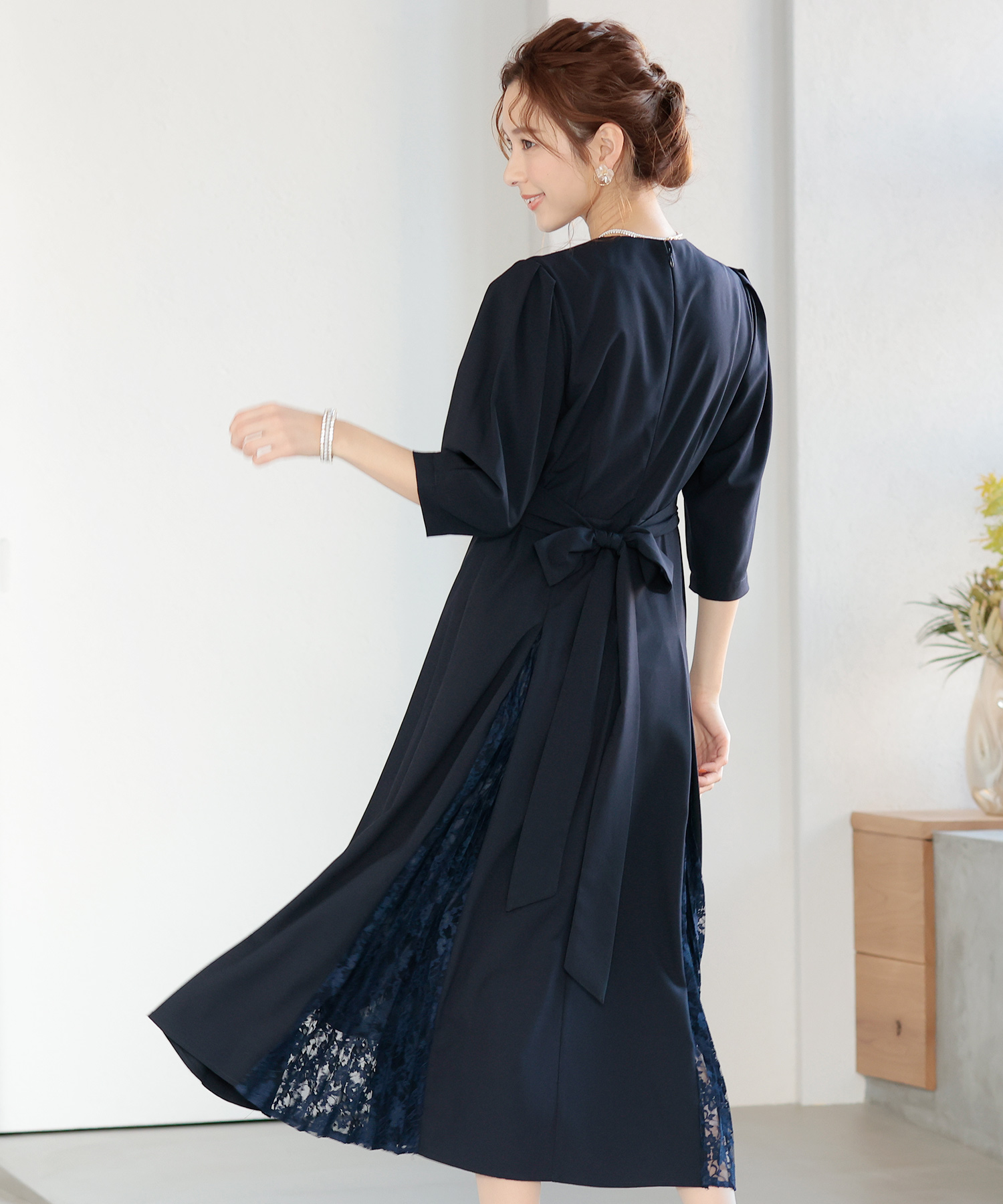 清楚 ワンピース ドレス V開き ウエスト 切替 パール ボタン ♪ Lace Ladies ウエスト切り替え ロングワンピース ドレス