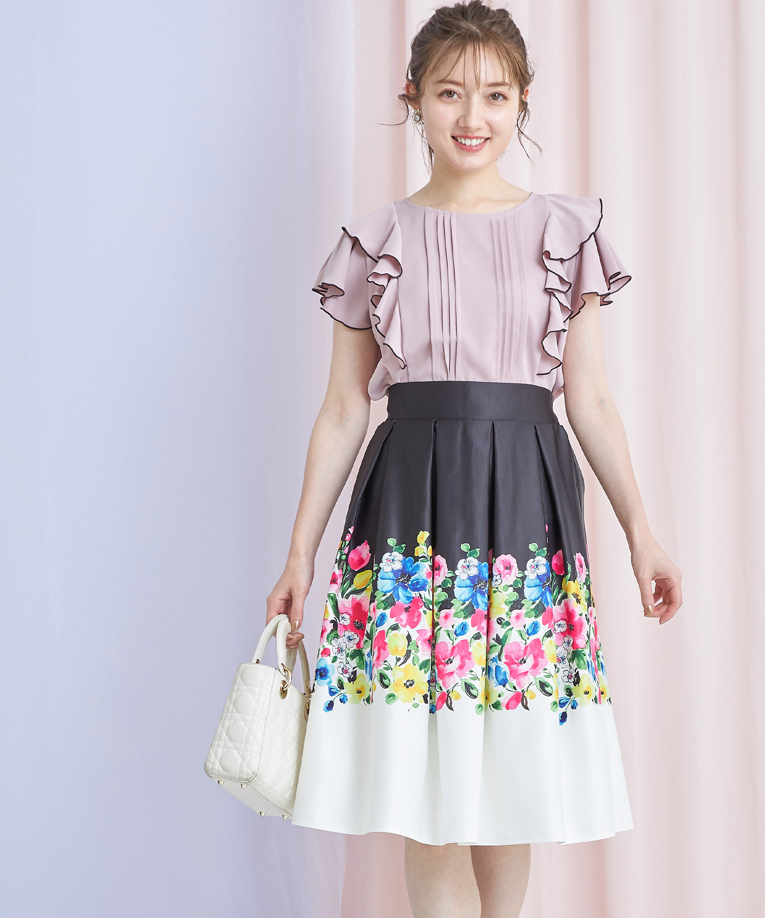 evelyn フリルリボンリブトップス タックプリーツスカート セット evelyn フリルリボンリブトップス タックプリーツスカート