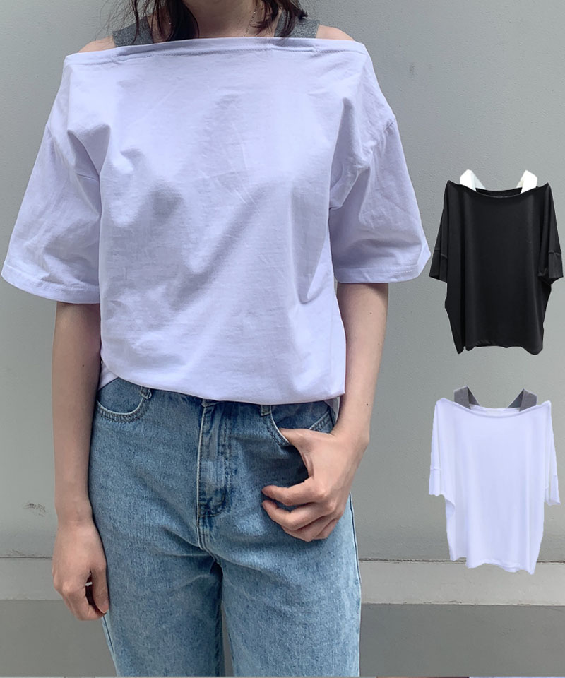 セール】韓国ファッション 新作 Tシャツ 肩あき トップス 半袖 オフ