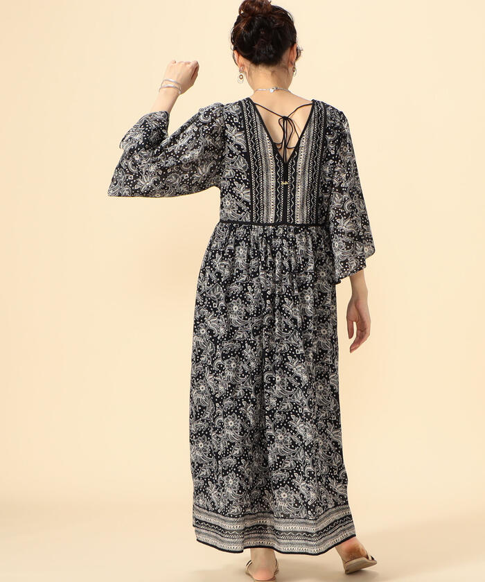 ヌキテパ ETHNIC PRINT FLARE SLEEVE DRESS セール】【ne Quittez pas/ヌキテパ】ETHNIC PRINT FLARE SLEEVE