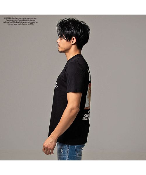PLAYBOY プレイボーイ Tシャツ トップス バタフライ PLAYBOYプレイボーイ 唇とバタフライデザイン TシャツサイズL