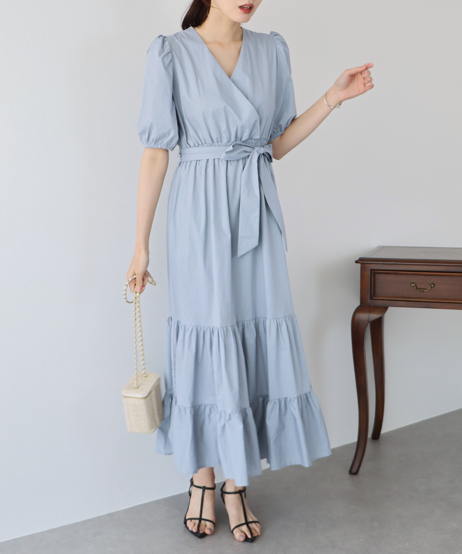 Super Beauty ブルーティアードワンピース 44 ブルーイースト BLUEEAST カシュクールティアードワンピース