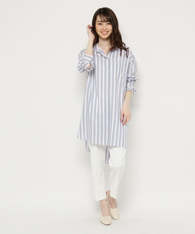 極美品　スマートピンク　チュニック セール 50%OFF】【手洗い可】レーヨン混ストライプシャツ