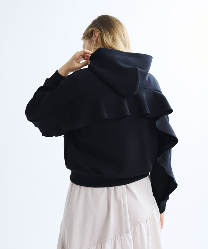 2回着用美品◾️ランバンオンブルー袖フリルワンピース【38】綿ニット フリフリ ひざ丈ワンピース 日本販促品