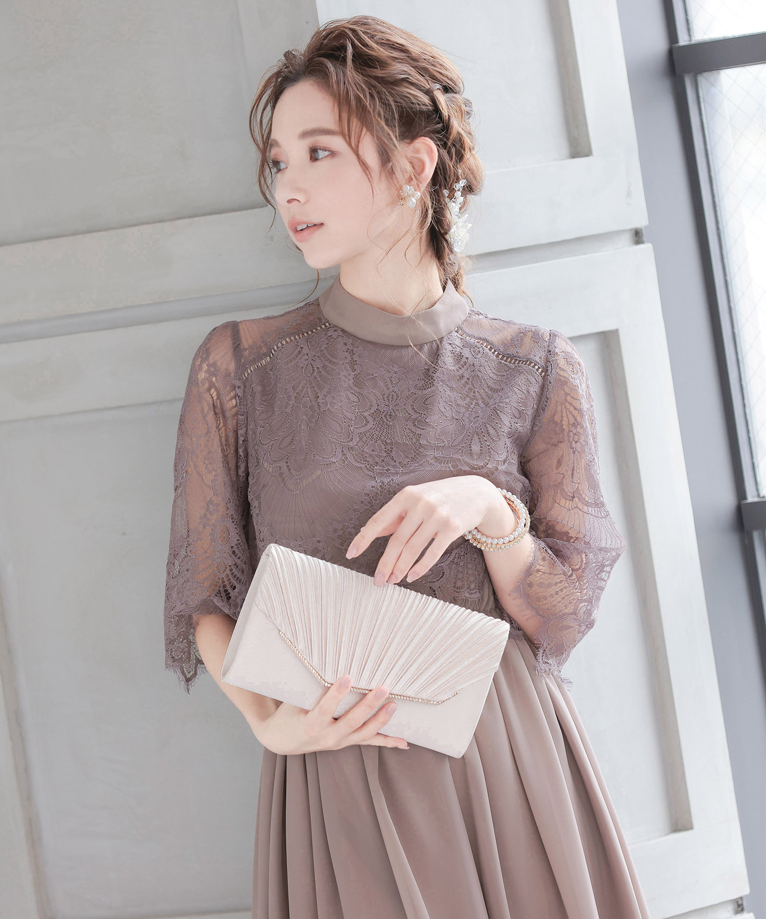 ニアナ niana スタンドカラーレースフレアドレス 結婚式