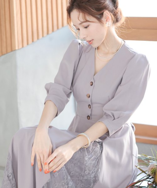 セール 結婚式 ワンピース パーティードレス 無地 フロントボタン 前開き パフスリーブ パワーショルダーs M ゆったり 体型カバー ミモレ丈 長袖 袖あり オケージ ニアナ Niana D Fashion