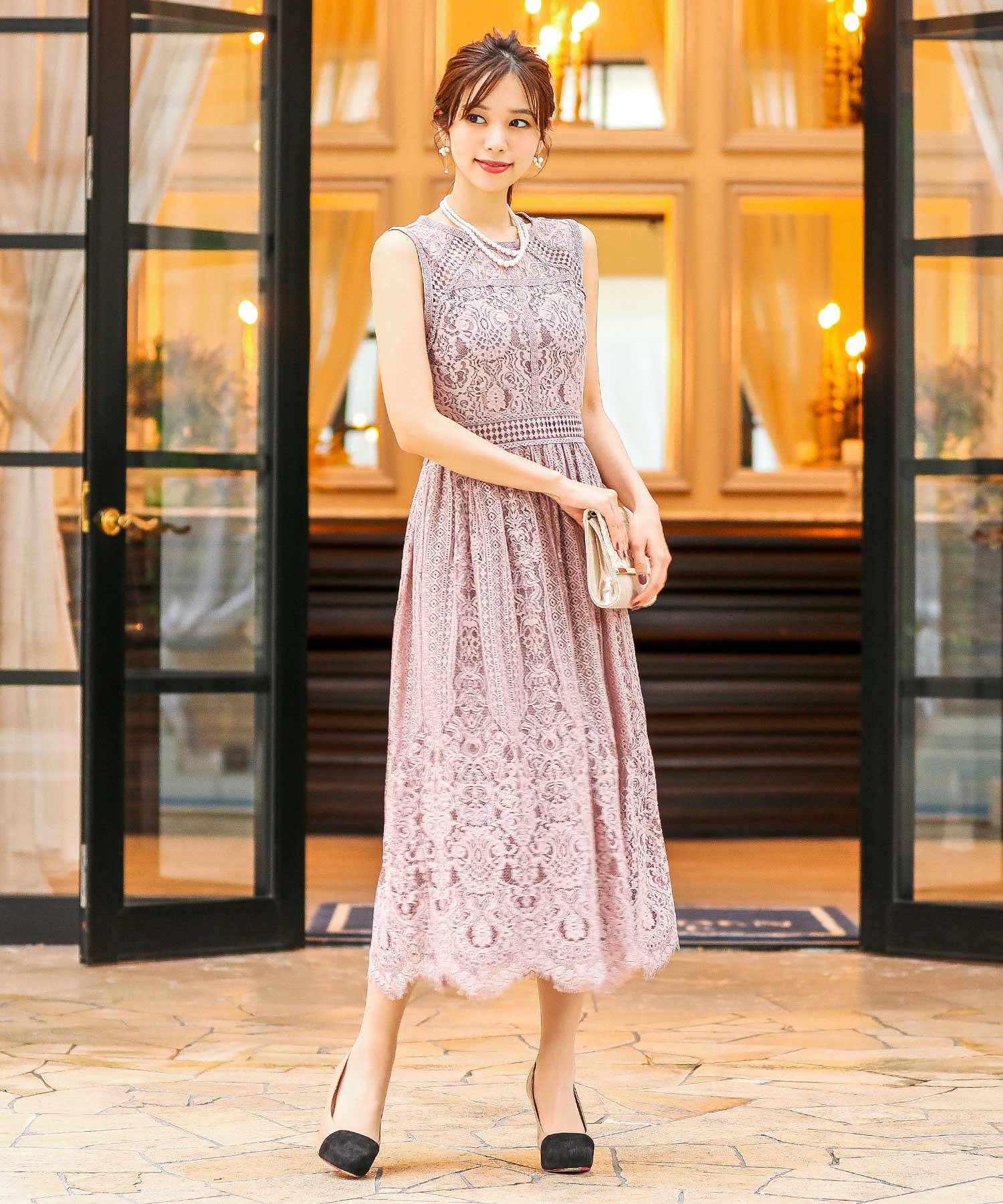 niana ハイネックパネル刺繍レースドレス　short 低身長用サイズあり】ハイネックパネル刺繍レースドレス