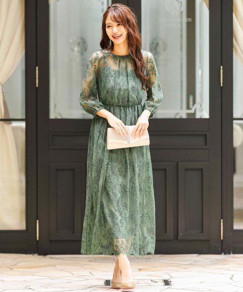 結婚式 ワンピース パーティードレス 総レース シアー 透け感 ロング 袖あり 春 夏 秋 冬 パーティドレス 二次会 2次会 レース成人式 同窓会 体型カバー ニアナ Niana D Fashion