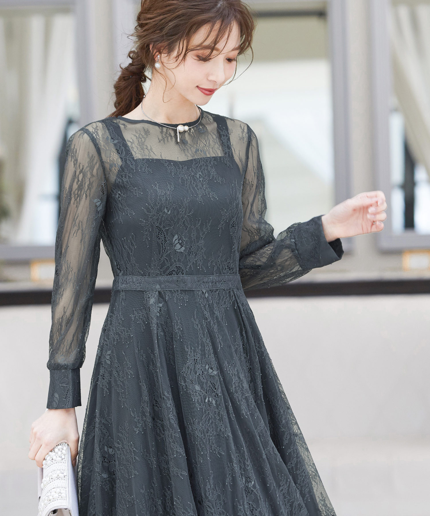 niana 2wayバックリボン総レース結婚式ワンピースドレス【M】 ニアナ niana 2wayバックリボン総レースドレス 結婚式ワンピース