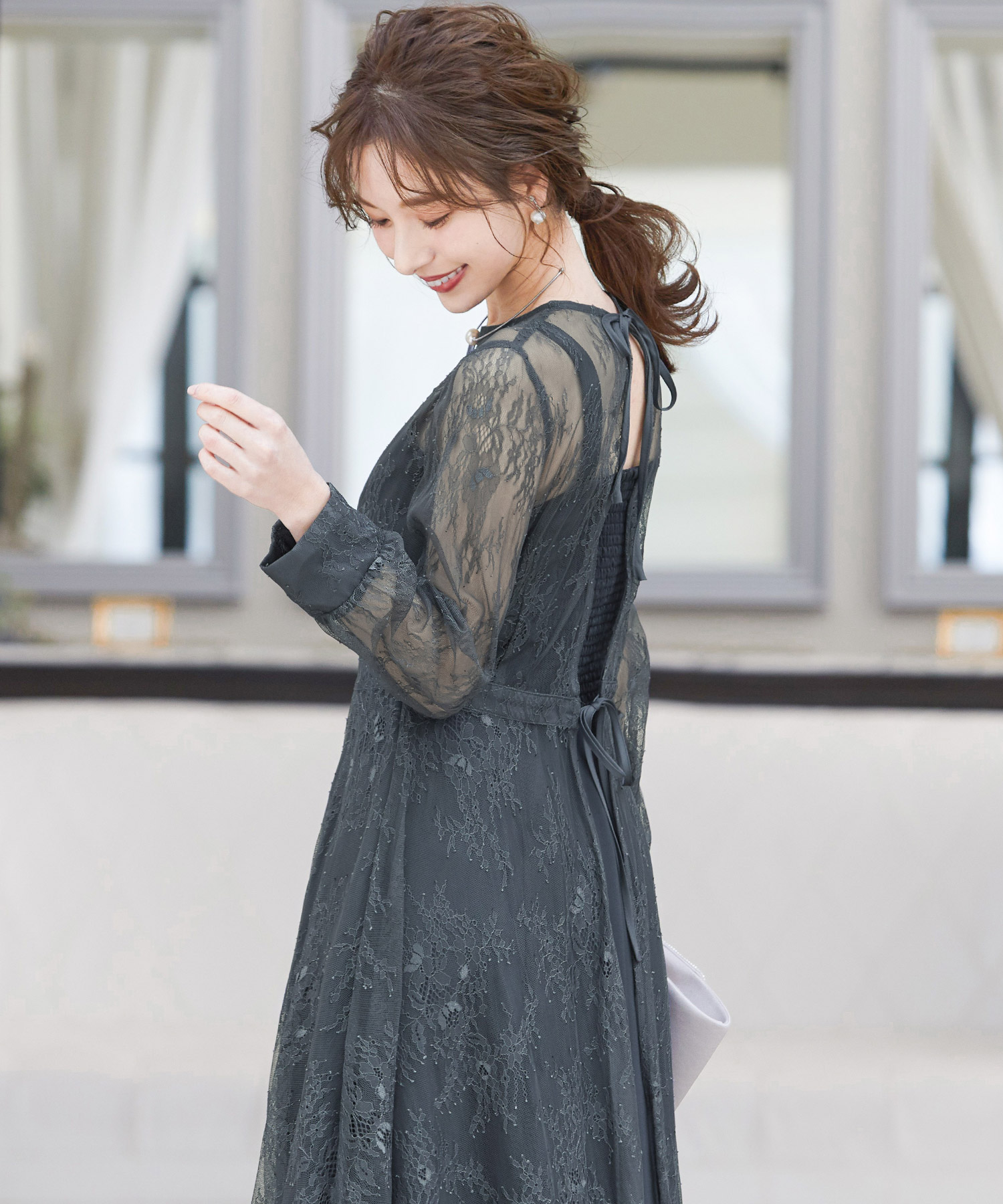 niana レース×プリーツ バックリボン結婚式ワンピース М ダークパープル ニアナ niana レース×プリーツ バックリボンワンピース （ライト