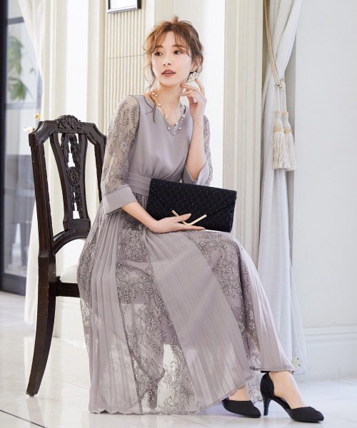 セール11 Off 結婚式 ワンピース パーティードレス 花柄 プリーツ チュール ロング 総レース 透け感 ウエストゴム 大きいサイズ 小さいサイズ 7分袖 袖あり オケージ ニアナ Niana D Fashion