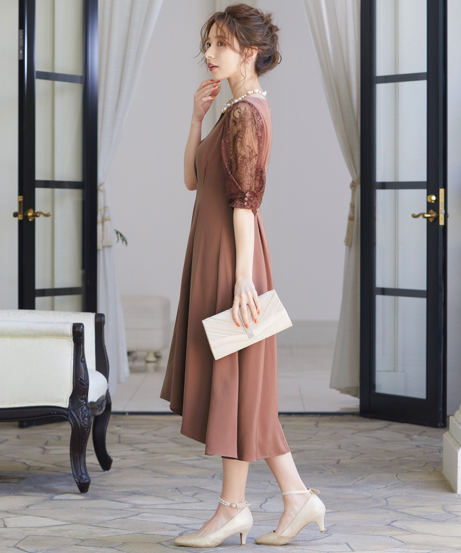 ワンピース FALENA DRESS ニアナ niana 抜き衿 レーススリーブフレアワンピース