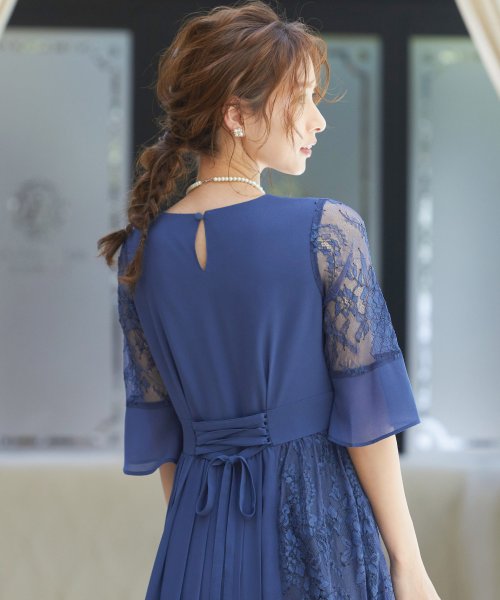 結婚式 ワンピース パーティードレス 花柄 プリーツ チュール ロング 総レース 透け感 ウエストゴム 低身長用 小さいさん バックリボン 小さいサイズ 7 ニアナ Niana D Fashion