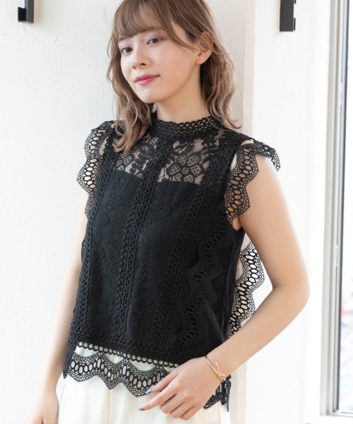 セール32 Off レース ノースリーブ ブラウス ハイネック 総レース タンクトップ フレンチ スリーブ シースルー 透け 花 柄 アドティエ Ad Thie D Fashion