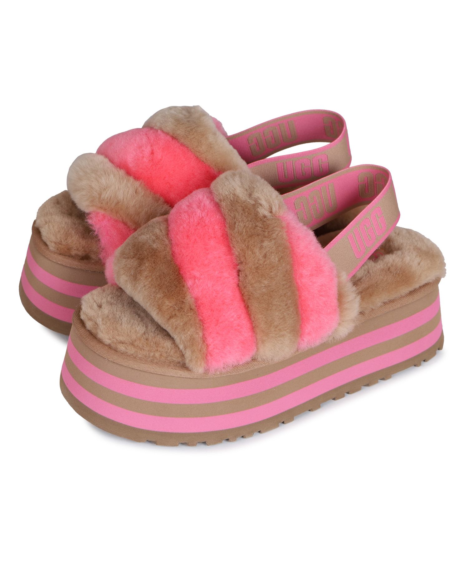 UGG アグ サンダル レディース 厚底 ファー ディスコ ストライプ ...