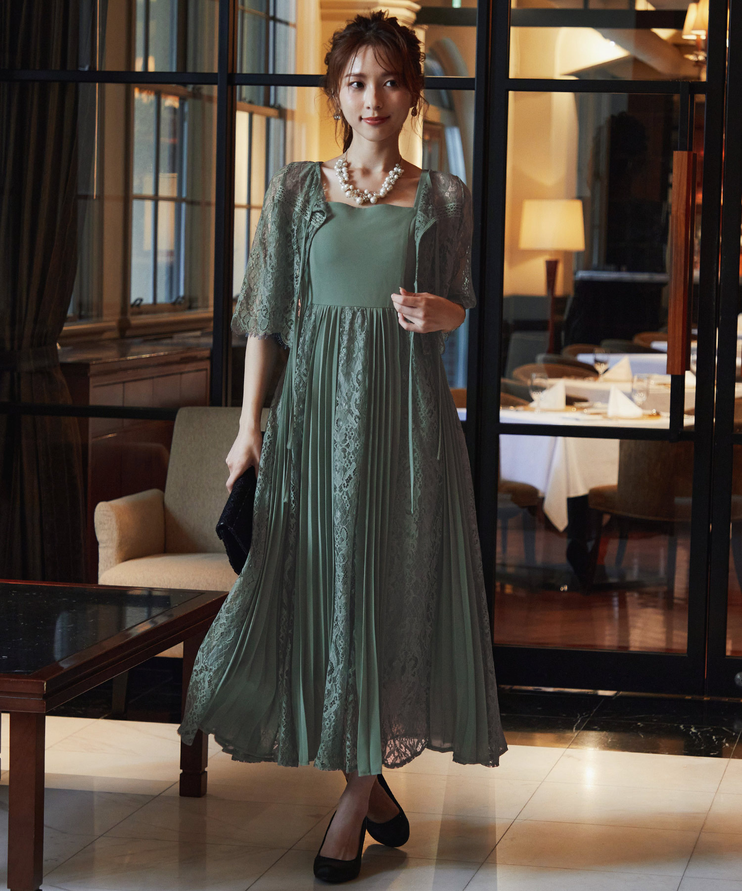 niana レース×プリーツ バックリボンワンピース